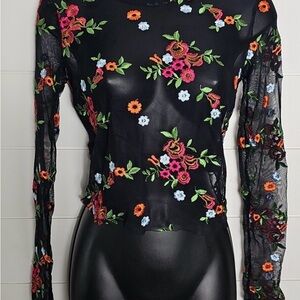 Floral sheer Embroidered Sheer Black Top